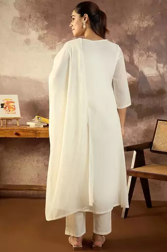 Embroidered Mirror Work Pure Cotton Straight Kurta With Trousers & Dupatta