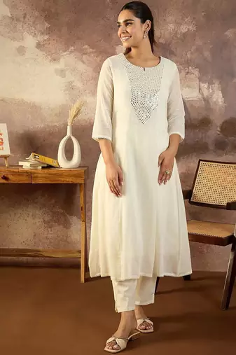 Embroidered Mirror Work Pure Cotton Straight Kurta With Trousers & Dupatta