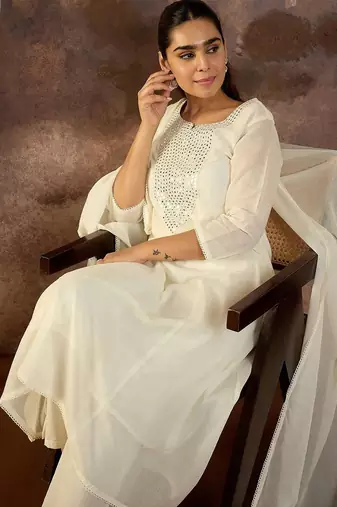 Embroidered Mirror Work Pure Cotton Straight Kurta With Trousers & Dupatta
