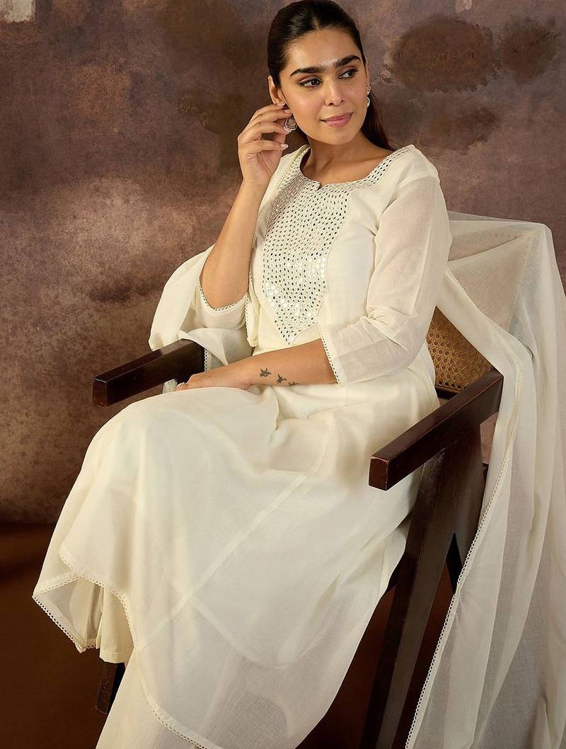 Embroidered Mirror Work Pure Cotton Straight Kurta With Trousers & Dupatta