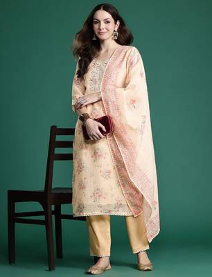 Floral Embroidered Sequinned Linen Kurta with Trousers & With Dupatta 1