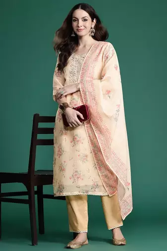 Floral Embroidered Sequinned Linen Kurta with Trousers & With Dupatta