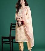 Floral Embroidered Sequinned Linen Kurta with Trousers & With Dupatta