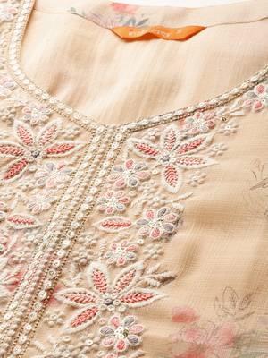 Floral Embroidered Sequinned Linen Kurta with Trousers & With Dupatta 2