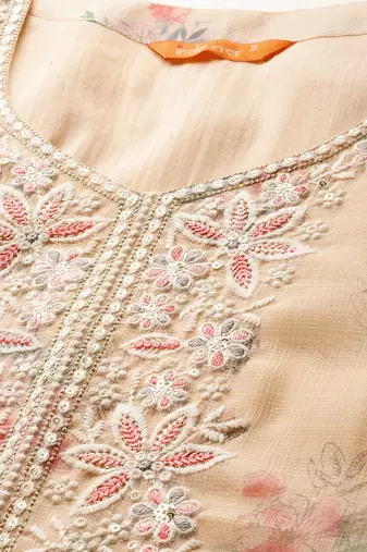 Floral Embroidered Sequinned Linen Kurta with Trousers & With Dupatta