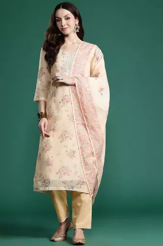 Floral Embroidered Sequinned Linen Kurta with Trousers & With Dupatta