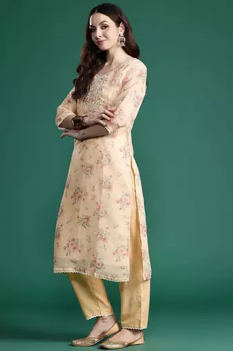 Floral Embroidered Sequinned Linen Kurta with Trousers & With Dupatta