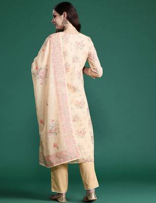 Floral Embroidered Sequinned Linen Kurta with Trousers & With Dupatta 7