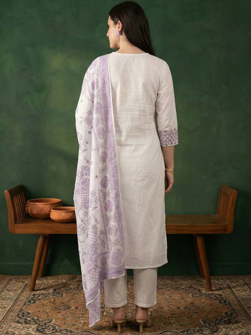 Women Floral Embroidered Regular Thread Work Pure Cotton Kurta with Trousers & With Dupatta
