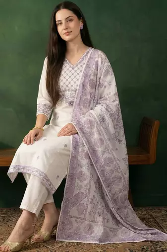 Women Floral Embroidered Regular Thread Work Pure Cotton Kurta with Trousers & With Dupatta