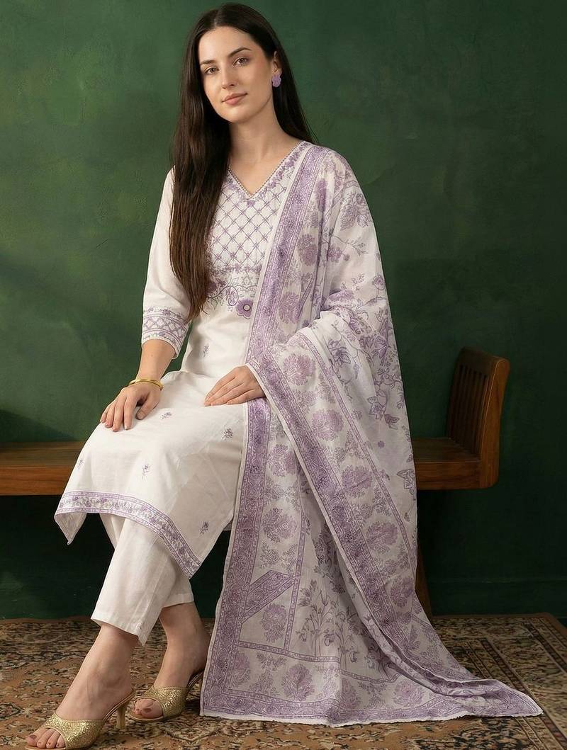 Women Floral Embroidered Regular Thread Work Pure Cotton Kurta with Trousers & With Dupatta