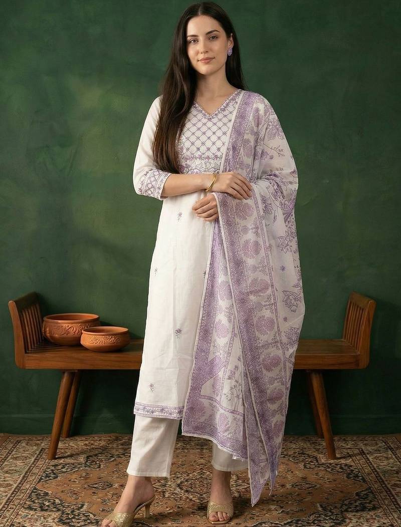 Women Floral Embroidered Regular Thread Work Pure Cotton Kurta with Trousers & With Dupatta