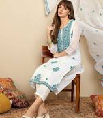 Floral Embroidered Thread Work Organza Straight Kurta With Trousers & Dupatta