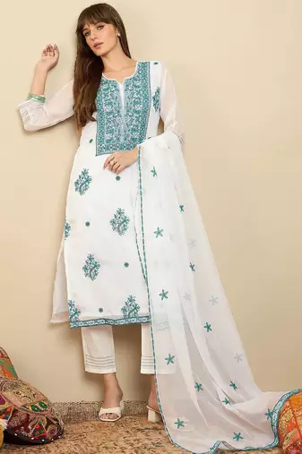 Floral Embroidered Thread Work Organza Straight Kurta With Trousers & Dupatta