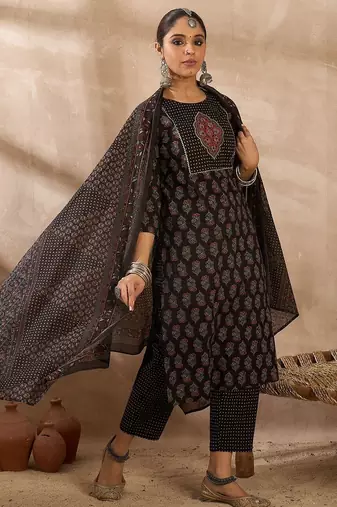 Women Ethnic Motifs Printed Cotton Kurta with Trousers & Dupatta