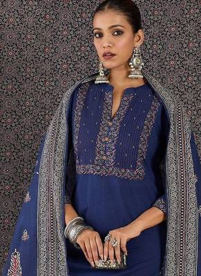 Embroidered Notch Neck Thread Work Pure Cotton Kurta With Trousers & Dupatta 1