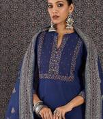 Embroidered Notch Neck Thread Work Pure Cotton Kurta With Trousers & Dupatta