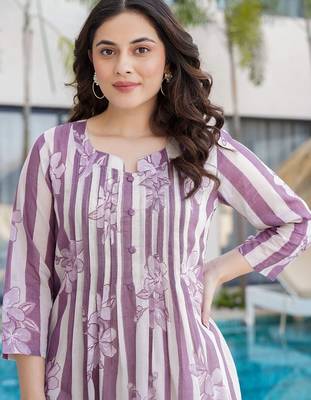 Floral Printed Notch Neck Pure Cotton A-Line Kurta With Trousers 1