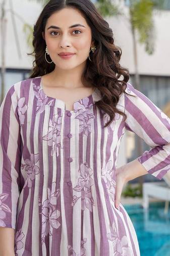 Floral Printed Notch Neck  Cotton A-Line Kurta With Trousers