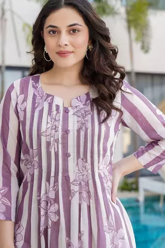Floral Printed Notch Neck Pure Cotton A-Line Kurta With Trousers