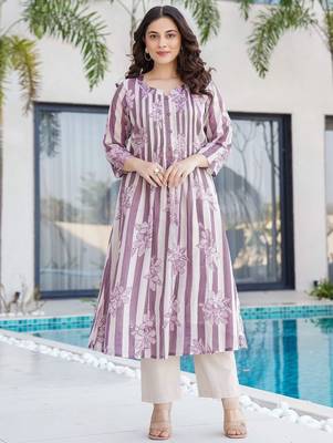 Floral Printed Notch Neck Pure Cotton A-Line Kurta With Trousers 2