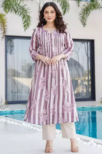 Floral Printed Notch Neck Pure Cotton A-Line Kurta With Trousers