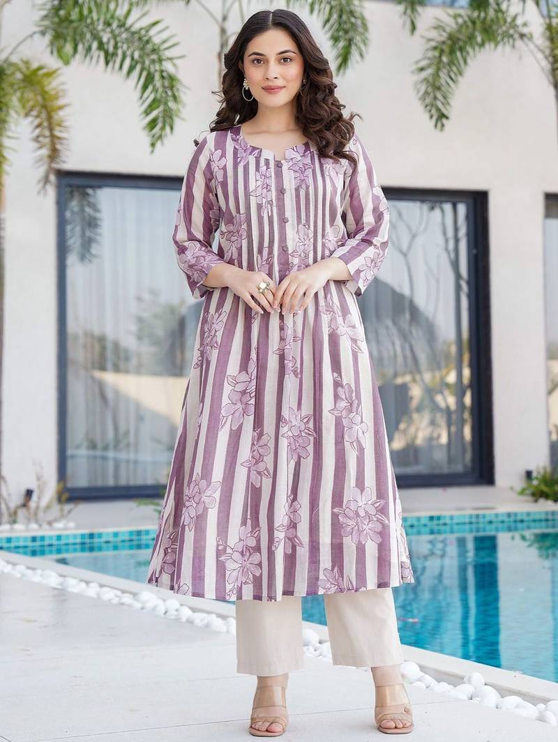 Floral Printed Notch Neck Pure Cotton A-Line Kurta With Trousers