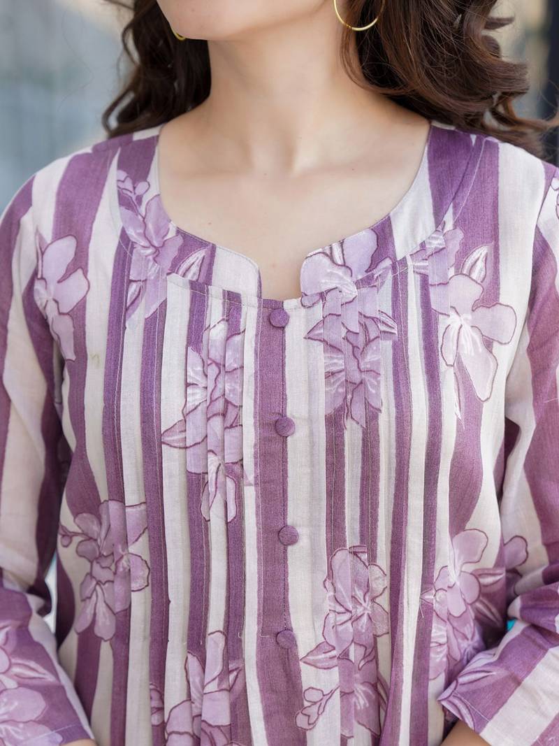 Floral Printed Notch Neck Pure Cotton A-Line Kurta With Trousers