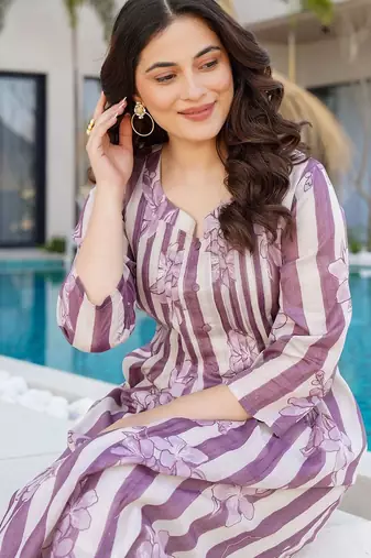 Floral Printed Notch Neck Pure Cotton A-Line Kurta With Trousers