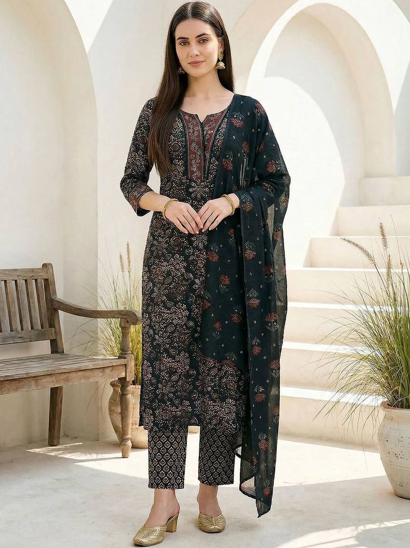 Women Ethnic Motifs Printed Regular Pure Cotton Kurta with Trousers & With Dupatta