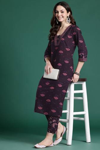 Floral Printed Beads & Stones  Cotton Kurta with Trousers
