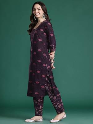 Floral Printed Beads & Stones Pure Cotton Kurta with Trousers 4