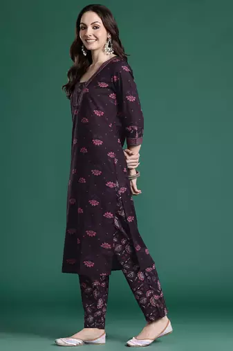 Floral Printed Beads & Stones Pure Cotton Kurta with Trousers