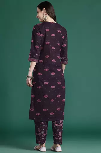 Floral Printed Beads & Stones Pure Cotton Kurta with Trousers