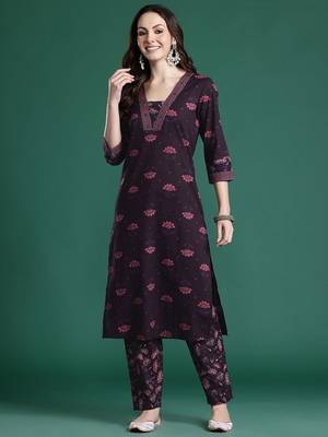 Floral Printed Beads & Stones Pure Cotton Kurta with Trousers 6