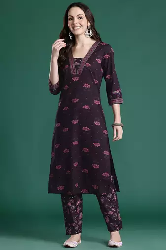 Floral Printed Beads & Stones Pure Cotton Kurta with Trousers