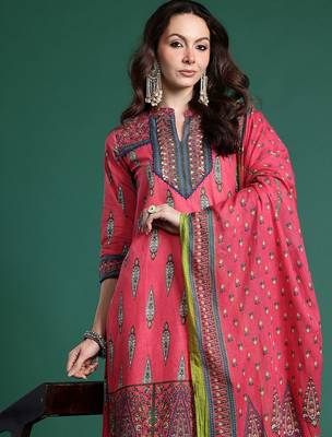Ethnic Motifs Printed Pure Cotton Kurta with Trousers & Dupatta 1