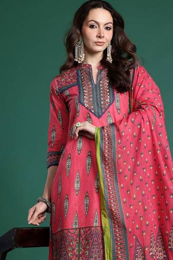 Ethnic Motifs Printed  Cotton Kurta with Trousers & Dupatta