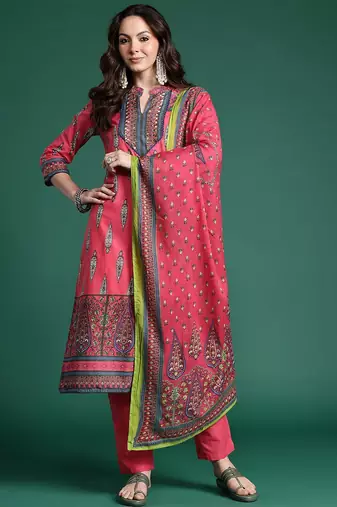 Ethnic Motifs Printed Pure Cotton Kurta with Trousers & Dupatta