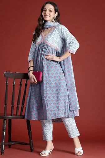 Floral Printed Empire Beads and Stones Pure Cotton Kurta with Trousers & Dupatta
