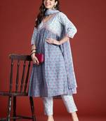 Floral Printed Empire Beads and Stones Pure Cotton Kurta with Trousers & Dupatta