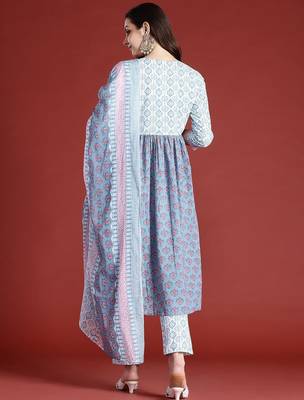Floral Printed Empire Beads and Stones Pure Cotton Kurta with Trousers & Dupatta 6