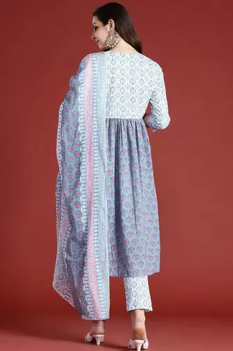 Floral Printed Empire Beads and Stones Pure Cotton Kurta with Trousers & Dupatta