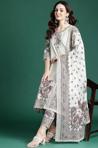 Floral Embroidered  Cotton Kurta with Trousers & Dupatta