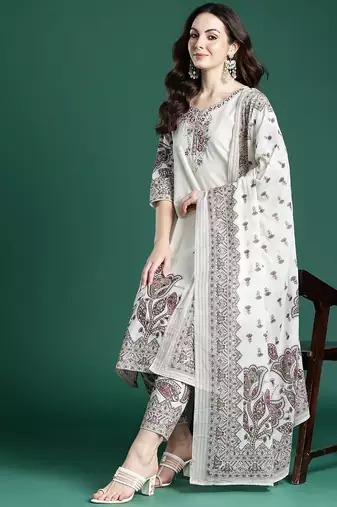 Floral Embroidered Pure Cotton Kurta with Trousers & Dupatta