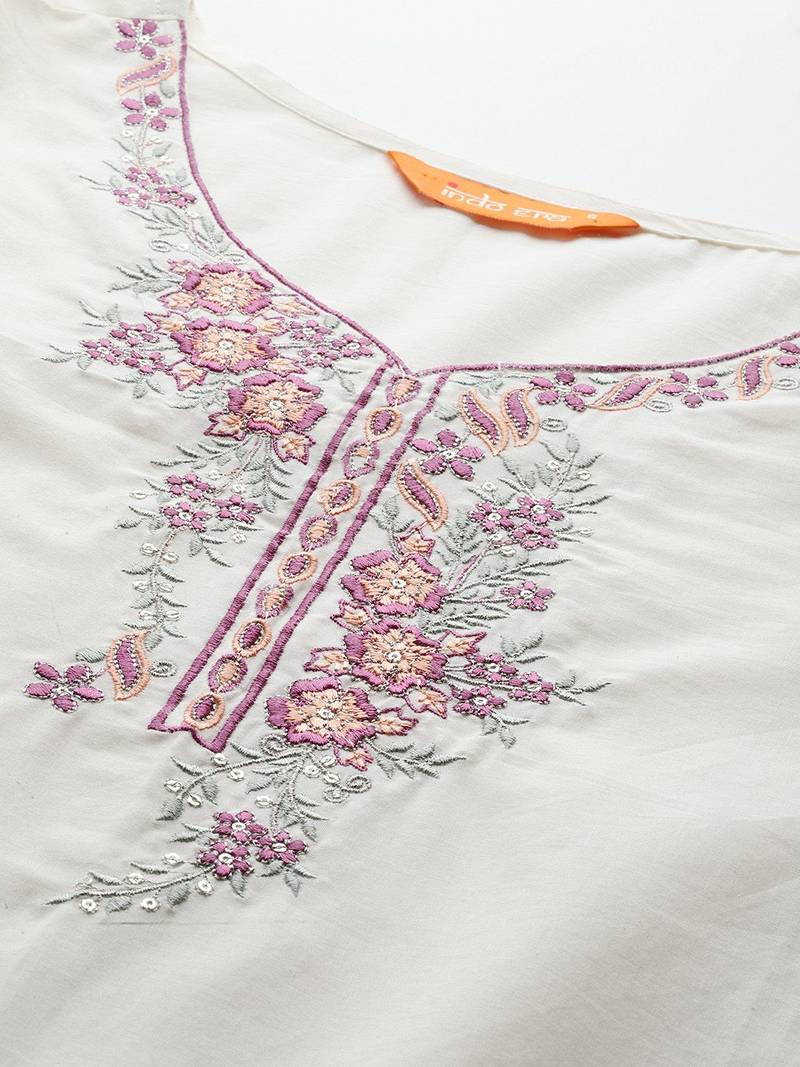 Floral Embroidered Pure Cotton Kurta with Trousers & Dupatta
