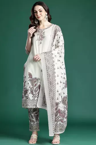 Floral Embroidered Pure Cotton Kurta with Trousers & Dupatta