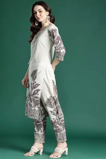 Floral Embroidered Pure Cotton Kurta with Trousers & Dupatta