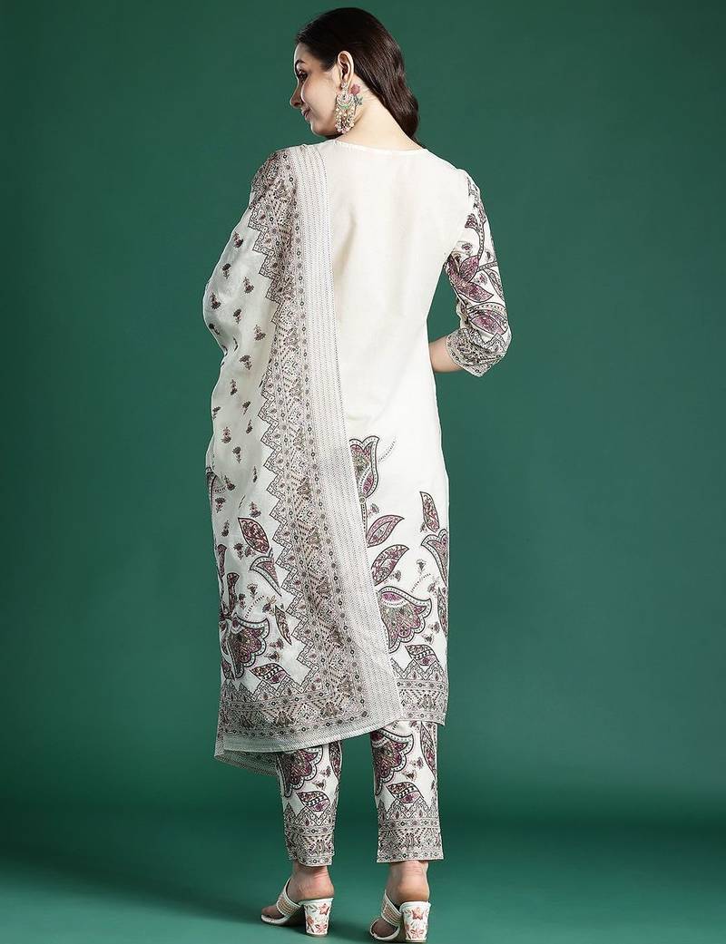Floral Embroidered Pure Cotton Kurta with Trousers & Dupatta