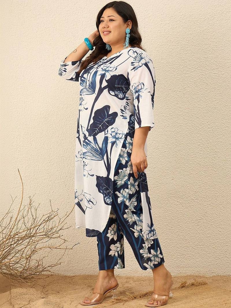 Plus Size Floral Printed Regular Kurta with Palazzos
